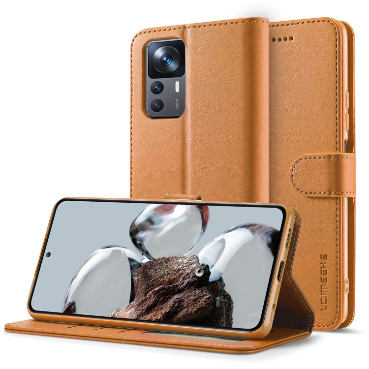 Calf texture leather phone case folio with magnetic strap and kickstand, caramel tan