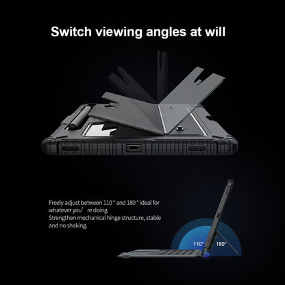 Black keyboard tablet case with adjustable stand open, rugged bumper edges visible