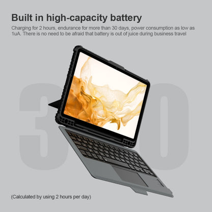 Black keyboard case with tablet screen visible, tablet framed by rugged protective cover