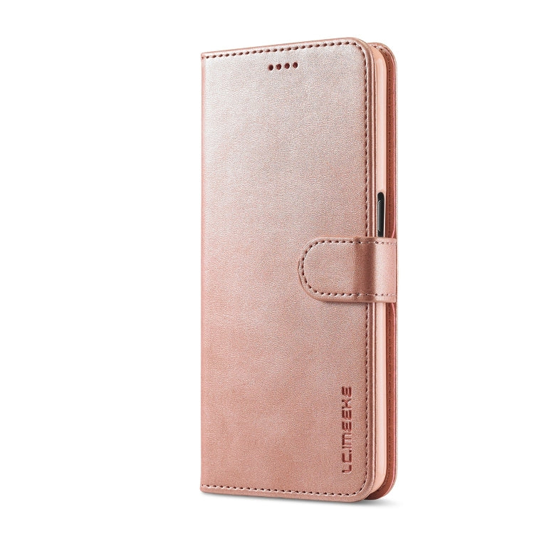 Rose gold calf-texture leather phone wallet case with flip cover and side button cutout