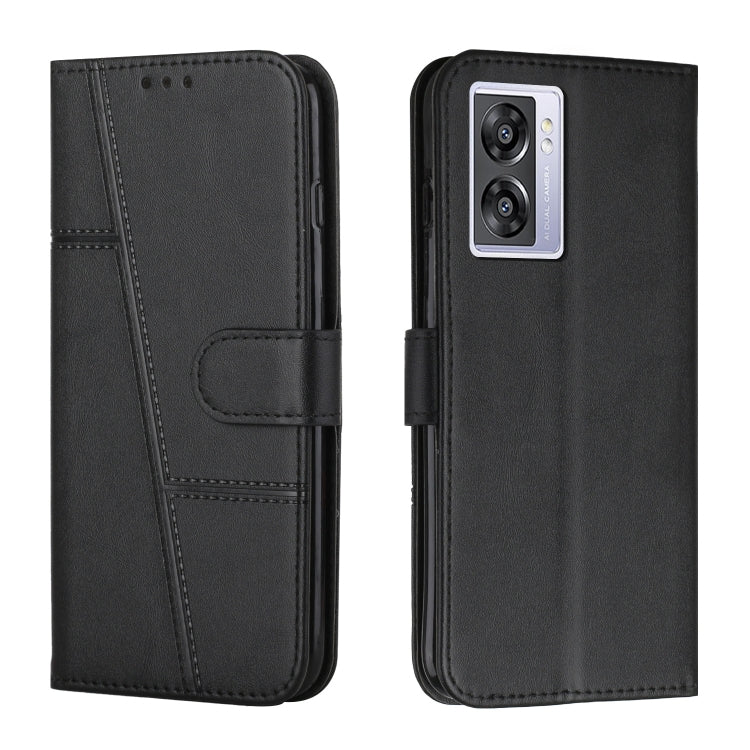 Black leather phone case with stitching, belt buckle strap, and camera cutout