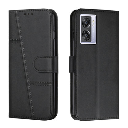 Black leather phone case with stitching, belt buckle strap, and camera cutout