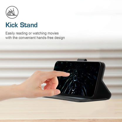Black leather phone case displayed in kickstand mode with hand adjusting