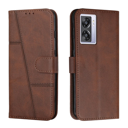 Brown leather phone case with stitching, belt buckle strap, and camera cutout