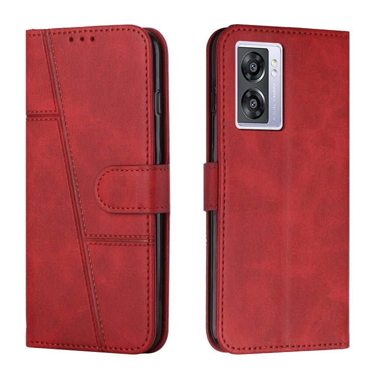 Red leather phone case with stitching, belt buckle strap, and camera cutout