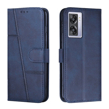 Blue leather phone case with stitching, belt buckle strap, and camera cutout