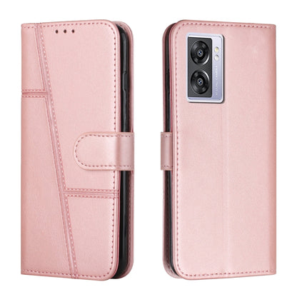 Pink leather phone case with stitching, belt buckle strap, and camera cutout