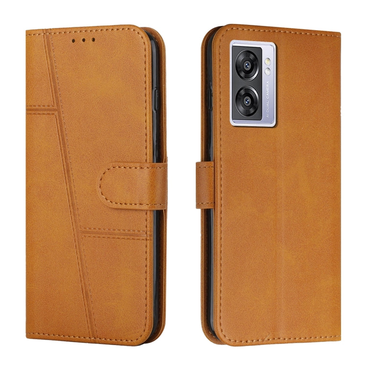 Brown leather phone case with flip cover, stitched texture and side buckle, camera cutout