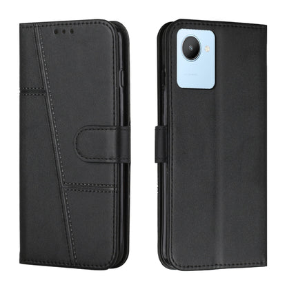 Black leather phone case with flip cover, stitched texture and side buckle, camera cutout