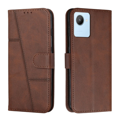 Brown leather phone case with flip cover and stitched detail, side buckle, camera cutout