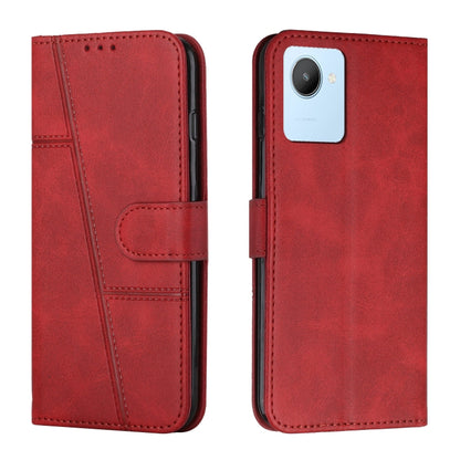 Red leather phone case with flip cover, stitched texture and side buckle, camera cutout