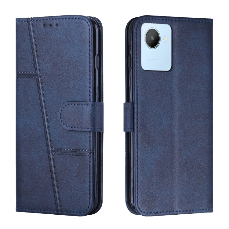Blue leather phone case with flip cover and stitched detail, side buckle, camera cutout
