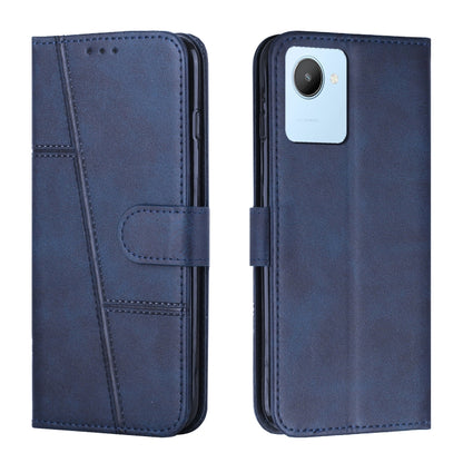 Blue leather phone case with flip cover and stitched detail, side buckle, camera cutout