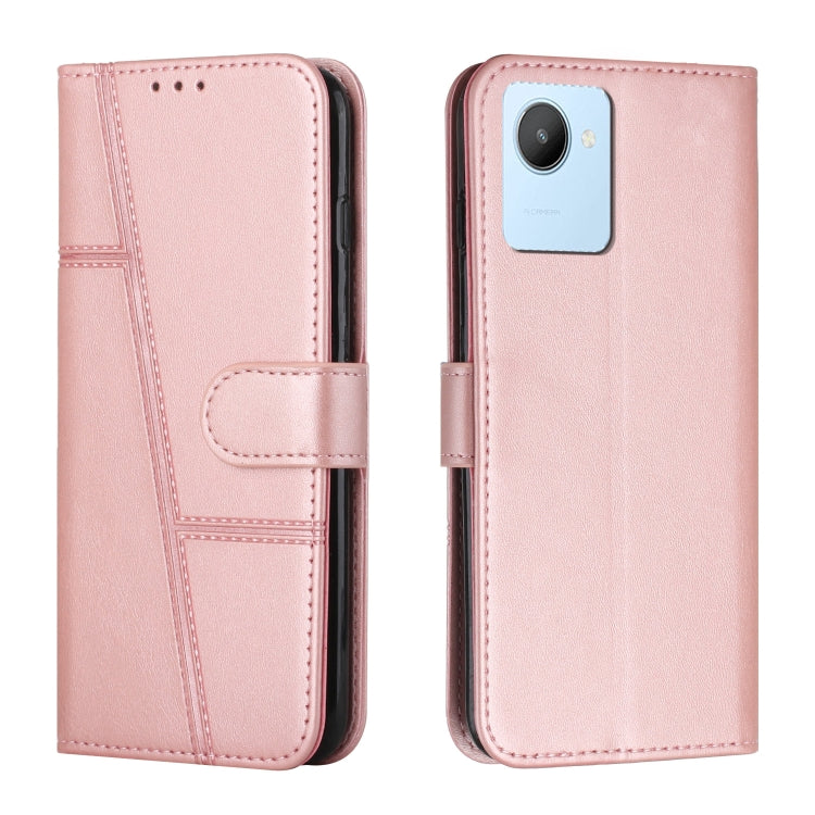 Pink leather phone case with flip cover, stitched texture and side buckle, camera cutout
