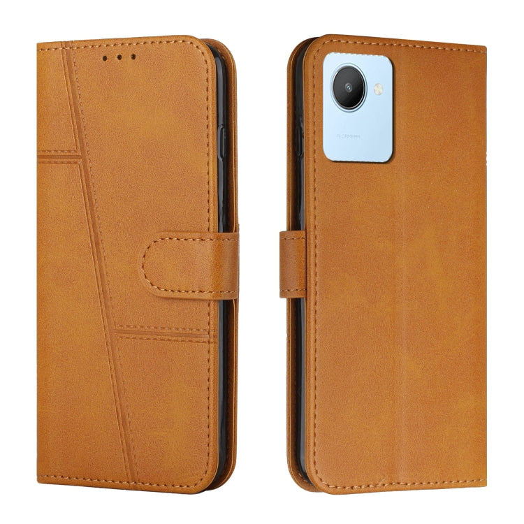 Brown leather flip phone case with stitched design and side buckle, camera cutout