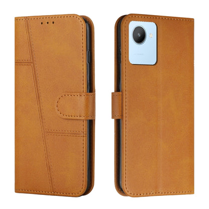 Brown leather flip phone case with stitched design and side buckle, camera cutout