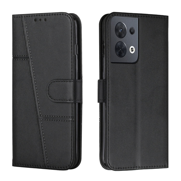 Black leather flip phone case with stitched design and side buckle, camera cutout