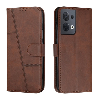 Brown leather flip phone case with stitched design and side buckle, dual camera cutout
