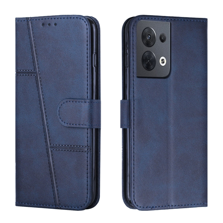 Navy leather phone case with stitched texture and front buckle strap, dual view