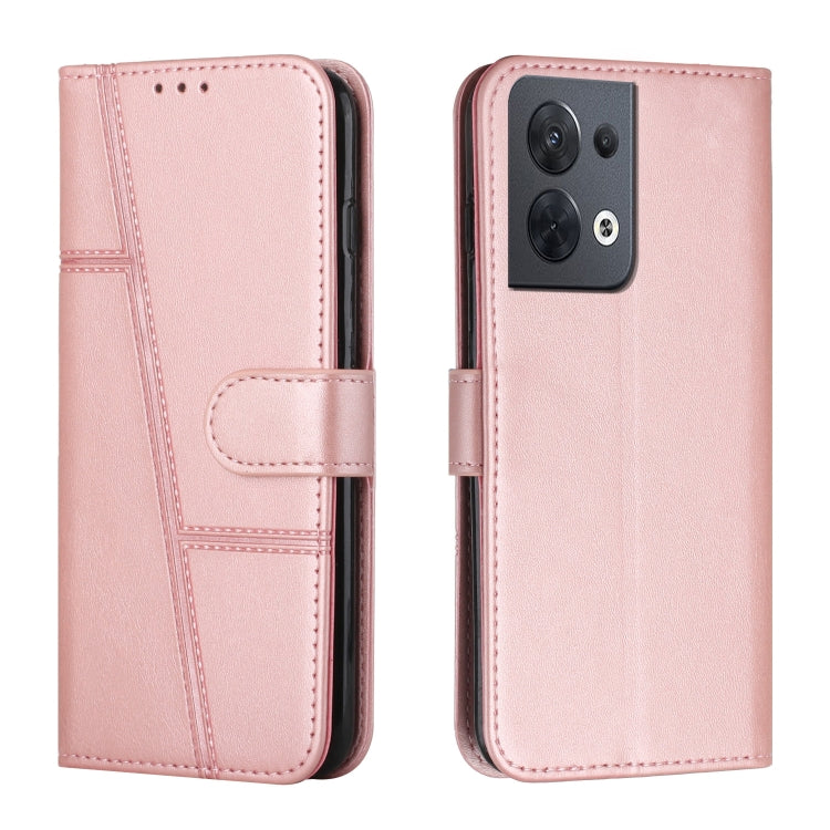 Pink leather phone case with stitched texture and front buckle strap, dual view
