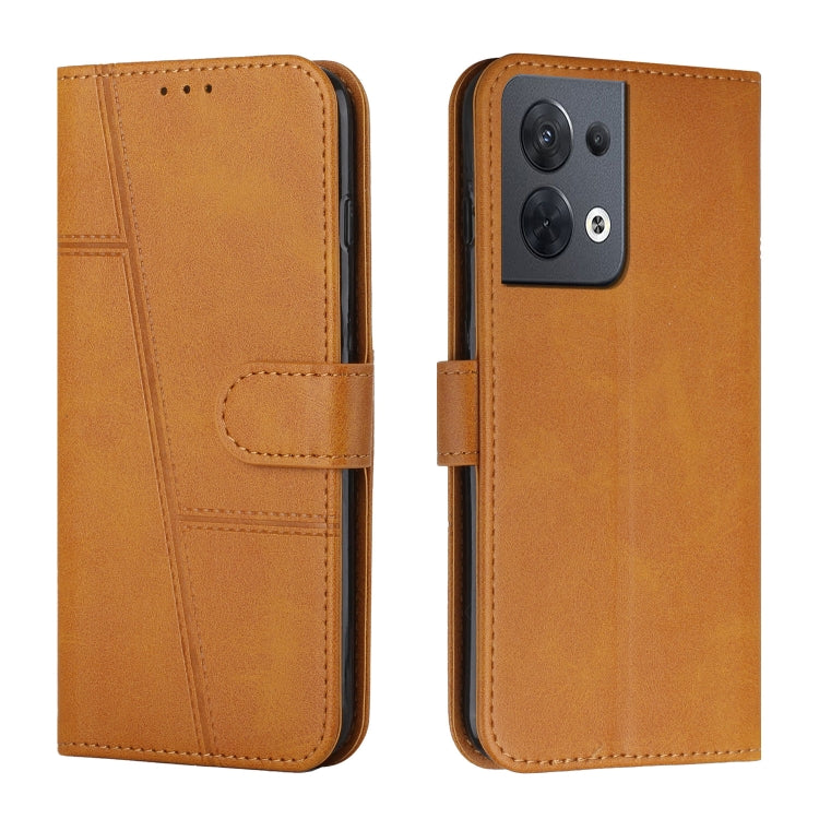 Brown leather phone case with stitched texture and front buckle strap, dual view