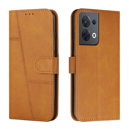 Brown leather phone case with stitched texture and front buckle strap, dual view