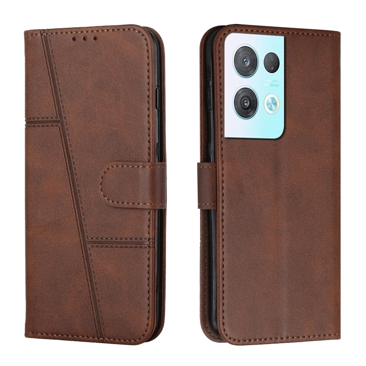 Brown leather phone case with stitched texture and front buckle strap, phone camera cutouts