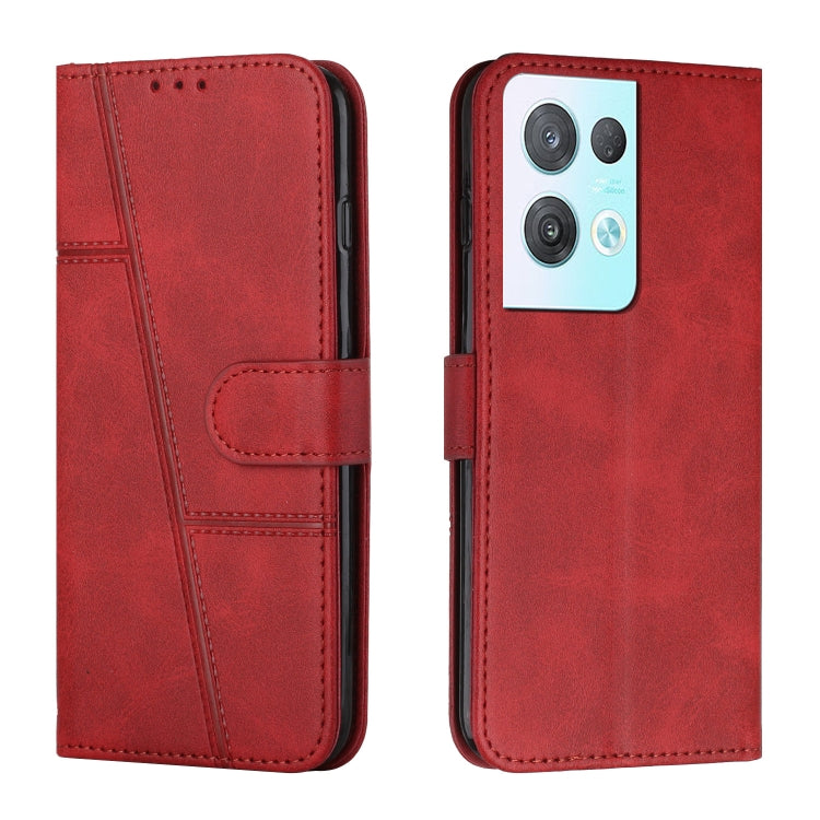Red leather phone case with stitched texture and front buckle strap, phone camera cutouts