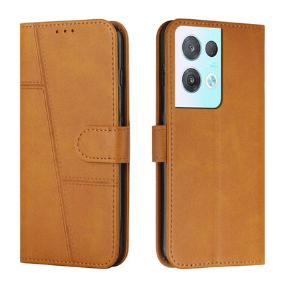 Brown leather phone case with stitched texture and front buckle strap, phone camera cutouts