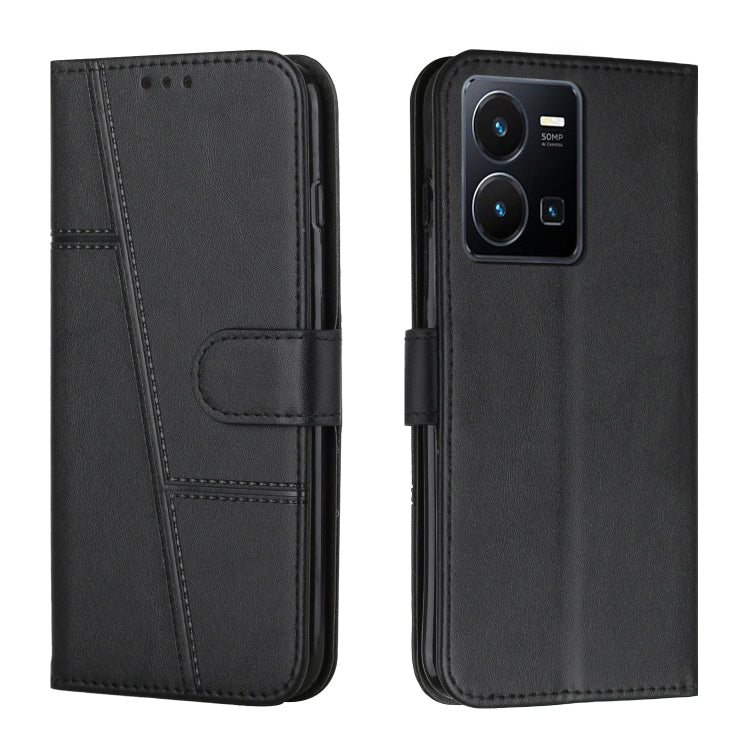 Black leather phone case with stitched texture and front buckle strap, phone camera cutouts