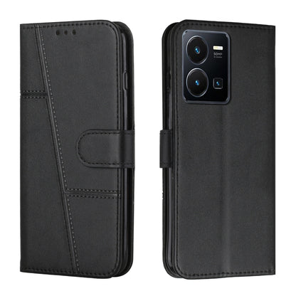 Black leather phone case with stitched texture and front buckle strap, phone camera cutouts