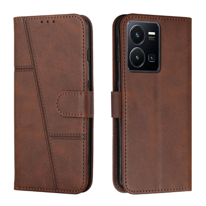 Brown leather phone case with flip cover and buckle strap, card slot and stitched panel
