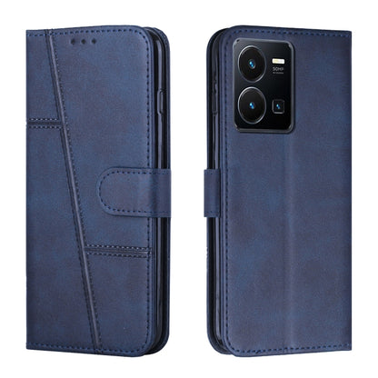 Blue leather flip phone case with buckle strap and card slot, stitched front panel
