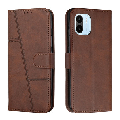 Brown leather flip phone case with buckle strap and card slot, stitched panel design