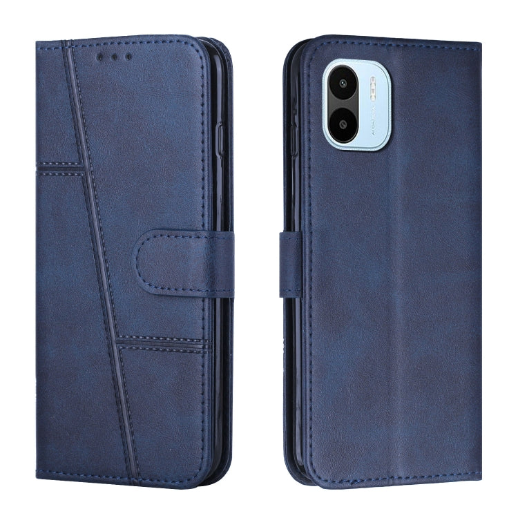 Blue leather flip phone case with buckle strap and card slot, stitched seam detailing