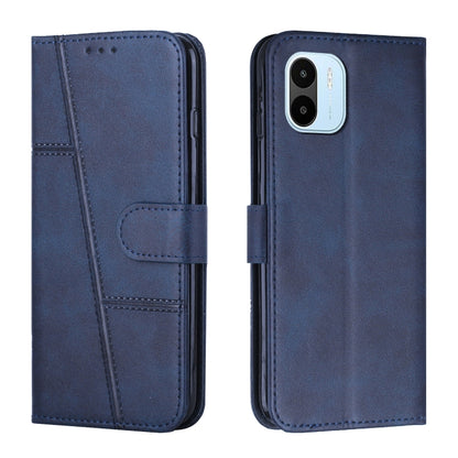 Blue leather flip phone case with buckle strap and card slot, stitched seam detailing