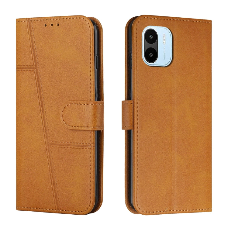Brown leather wallet phone case with buckle strap and stitched panel, front and back view