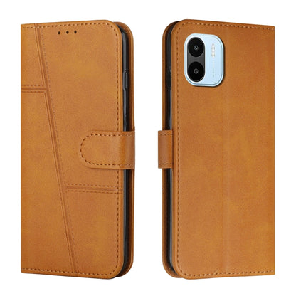 Brown leather wallet phone case with buckle strap and stitched panel, front and back view