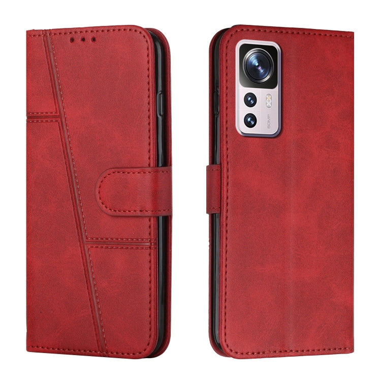 Red leather wallet phone case with buckle strap and stitched panel, front and back view