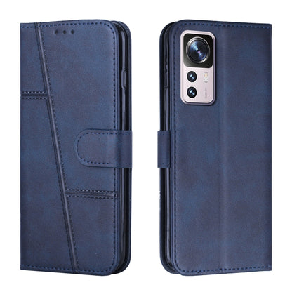 Blue leather wallet phone case with buckle strap and stitched design, front and back view
