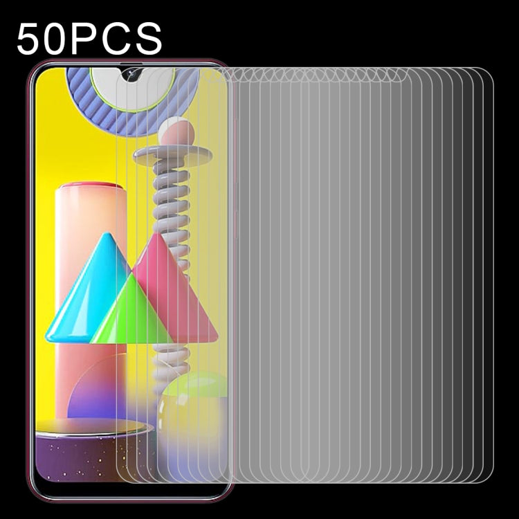 Stacked clear 2.5D tempered glass screen protectors, non-full coverage, 50-pack.