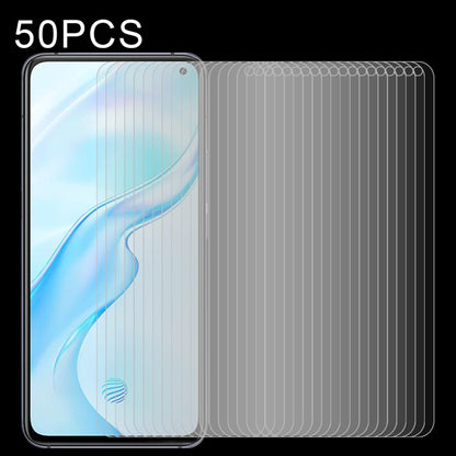 Clear 2.5D tempered glass screen protector set with non-full coverage, 50-pack.