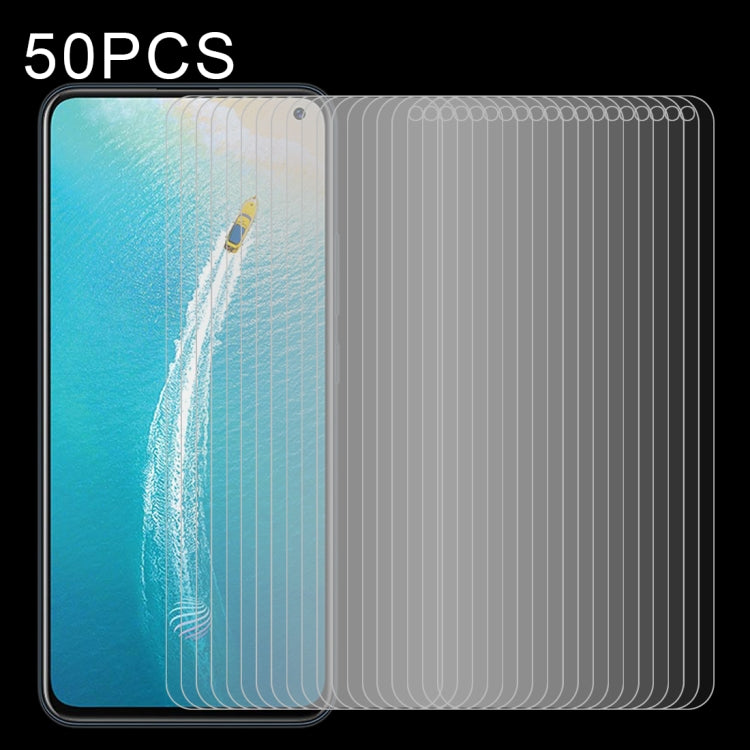 Clear 2.5D tempered glass screen protectors, non-full coverage, 50-pack, layered.