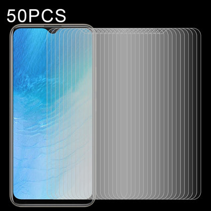 Layered clear 2.5D tempered glass screen protector films, non-full coverage, 50-pack.