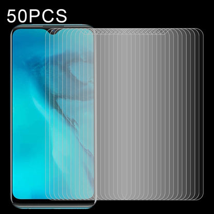 Stack of clear 2.5D tempered glass screen protectors, non-full coverage, 50-pack.