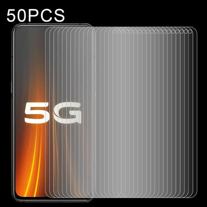 Clear 2.5D tempered glass screen protector set, non-full coverage, 50-pack, layered.