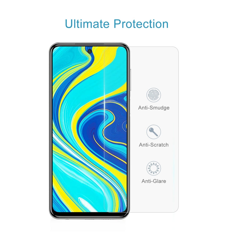 Tempered glass half-screen protector on smartphone, with anti-smudge and anti-scratch icons