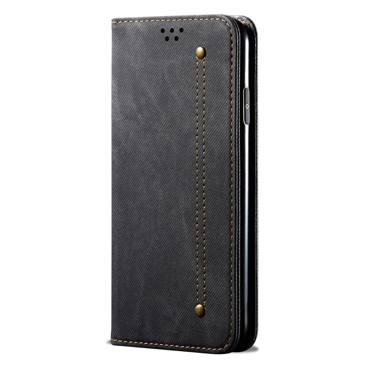 Denim-texture flip leather phone wallet case with stitched seam detail, black.