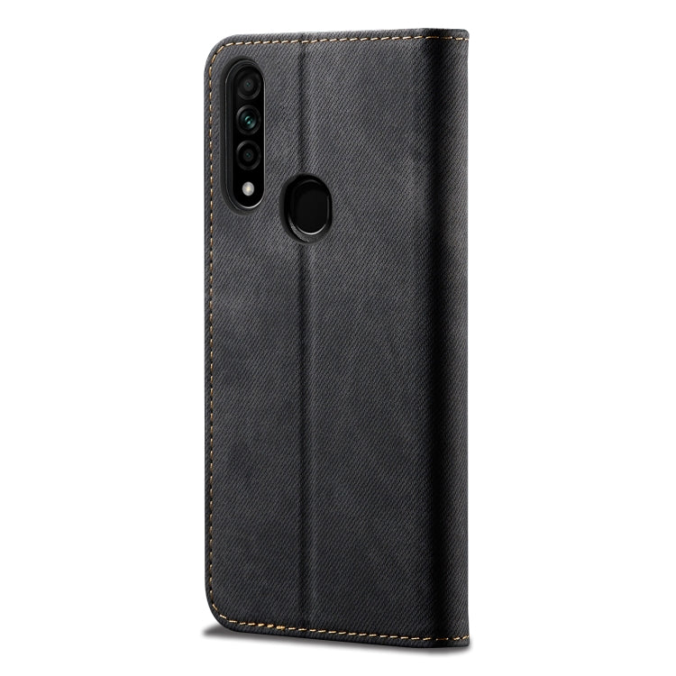 Denim-texture flip leather phone wallet case with camera cutout and ring holder, black.