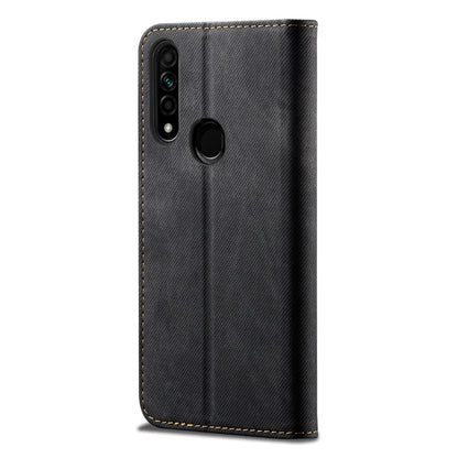 Denim-texture flip leather phone wallet case with camera cutout and ring holder, black.